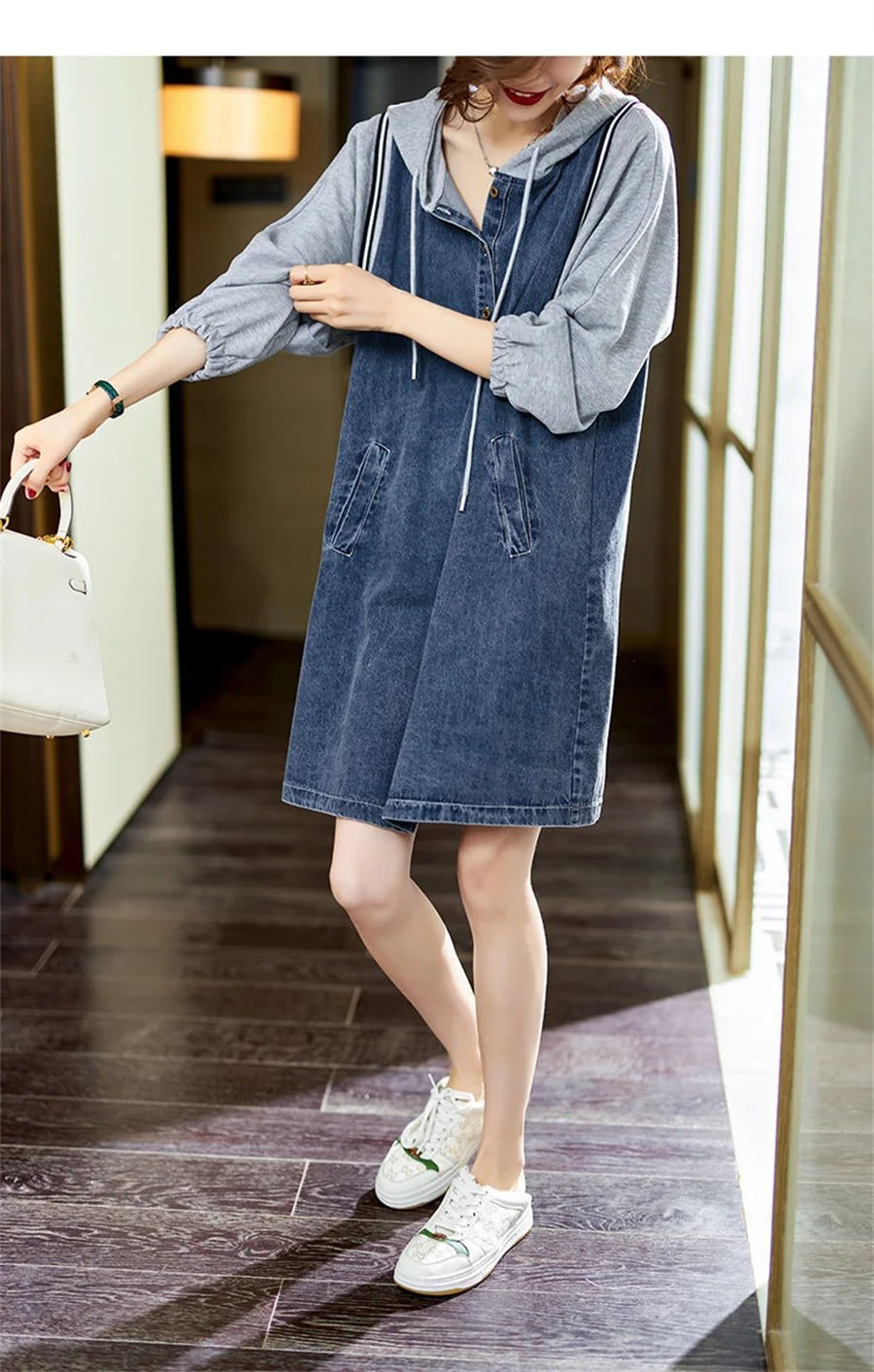 High Street Fashion Denim Dresses Women Long Sleeve Casual Jeans Dress With Hooded Hoodies Dress Vestidos