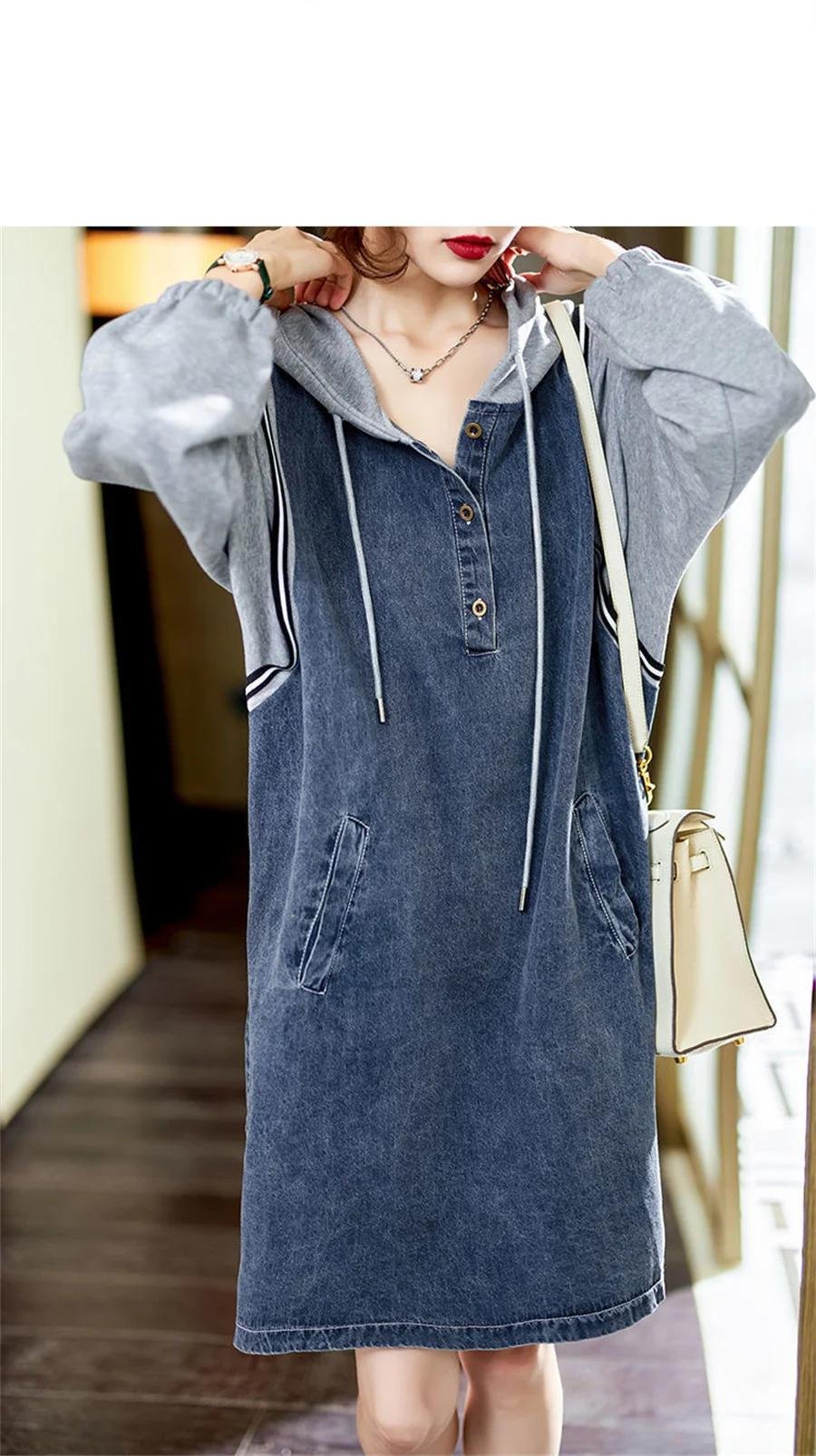 High Street Fashion Denim Dresses Women Long Sleeve Casual Jeans Dress With Hooded Hoodies Dress Vestidos