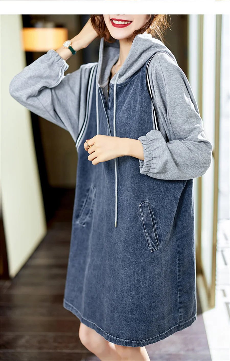 High Street Fashion Denim Dresses Women Long Sleeve Casual Jeans Dress With Hooded Hoodies Dress Vestidos