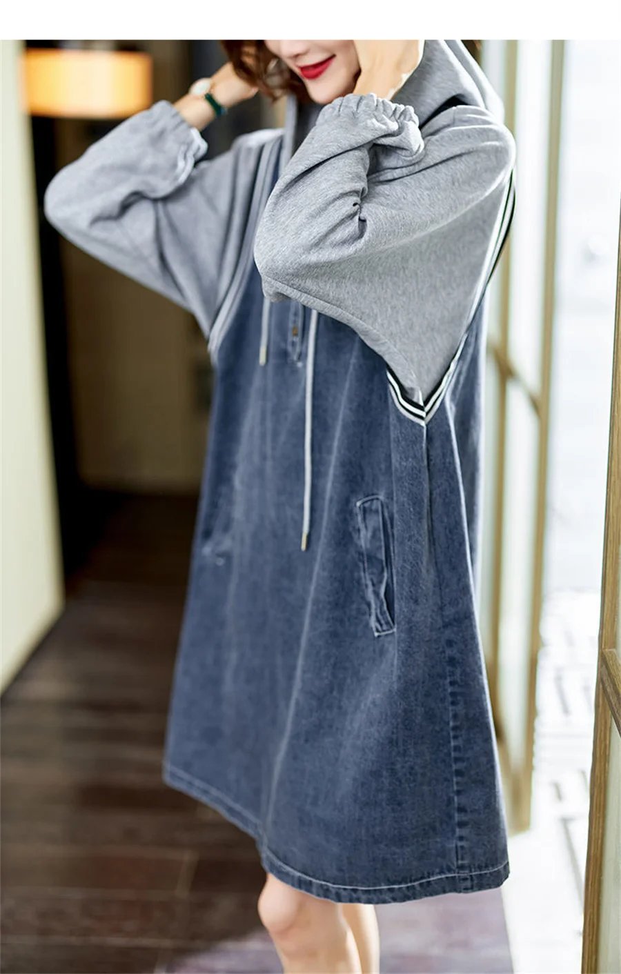 High Street Fashion Denim Dresses Women Long Sleeve Casual Jeans Dress With Hooded Hoodies Dress Vestidos