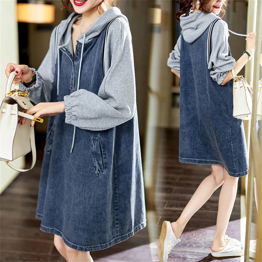 High Street Fashion Denim Dresses Women Long Sleeve Casual Jeans Dress With Hooded Hoodies Dress Vestidos