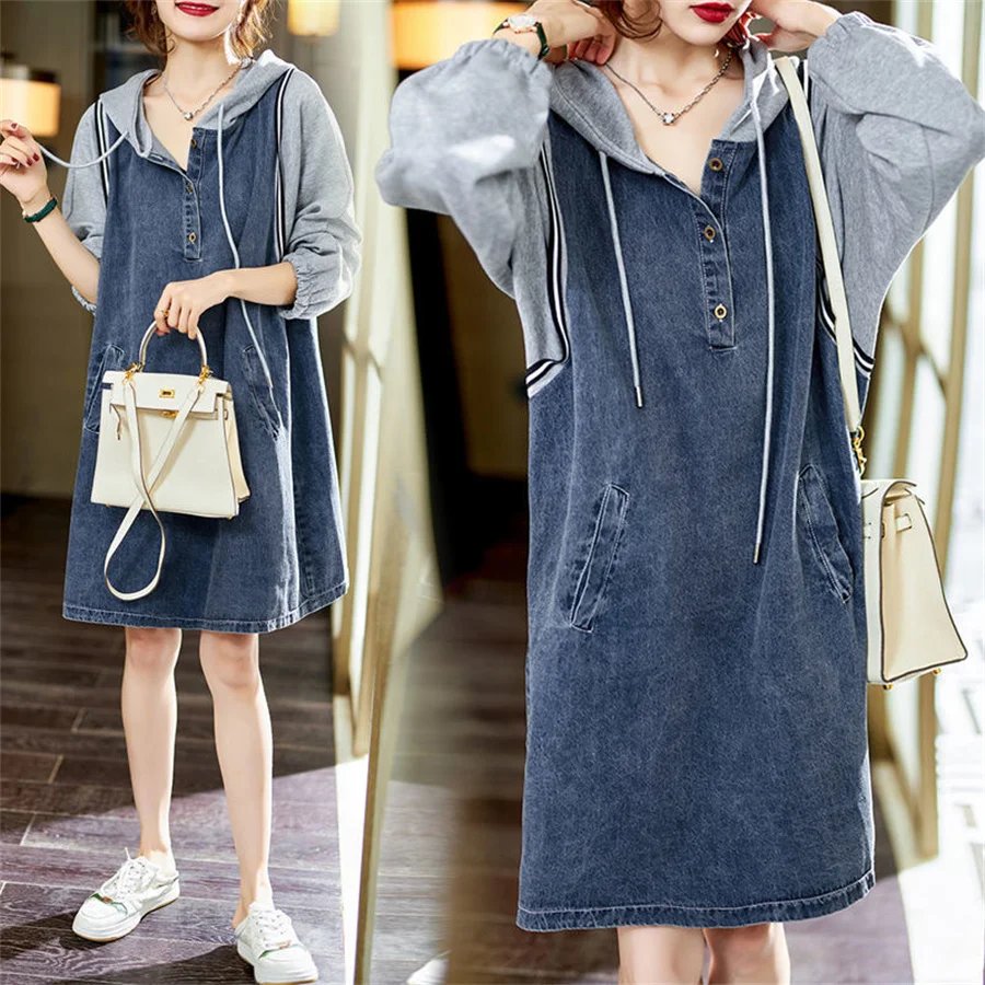 High Street Fashion Denim Dresses Women Long Sleeve Casual Jeans Dress With Hooded Hoodies Dress Vestidos