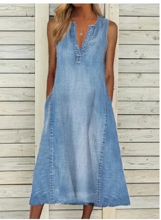 Summer Sleeveless A-line Dress Women Sexy V-neck Blue Denim Loose Midi Dress Pockets Casual Beach Long Dresses
