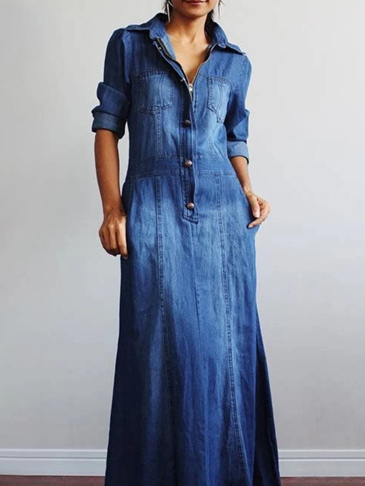 Dress for Women 2023 Autumn Korean Fashion Vintage Denim Dress A-line Long Sleeve Button Zipper Pocket Maxi Dress Lady Clothing