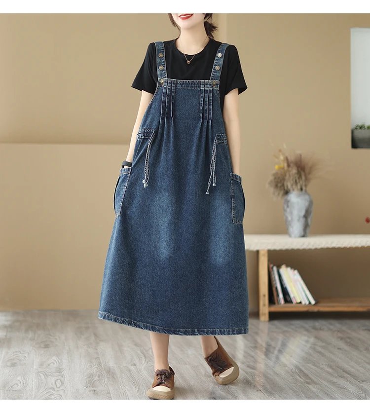 Oversized Women's Dress 2023 Spring/summer Long Dress Vintage Loose Pocket Slim Denim Strap Dress Long Swing Dress