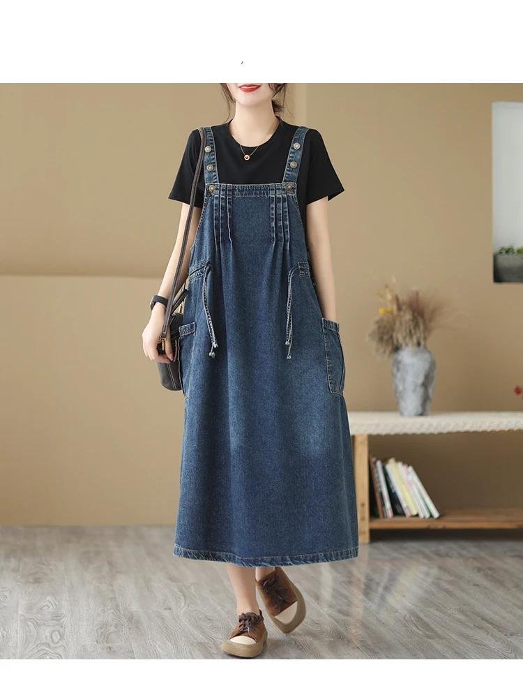 Oversized Women's Dress 2023 Spring/summer Long Dress Vintage Loose Pocket Slim Denim Strap Dress Long Swing Dress