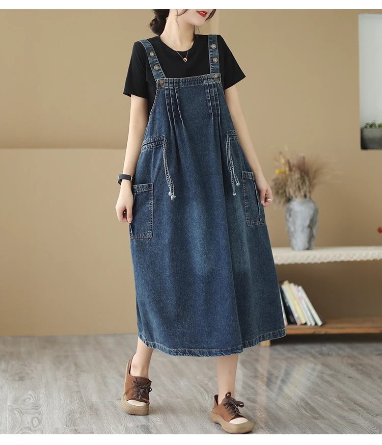 Oversized Women's Dress 2023 Spring/summer Long Dress Vintage Loose Pocket Slim Denim Strap Dress Long Swing Dress