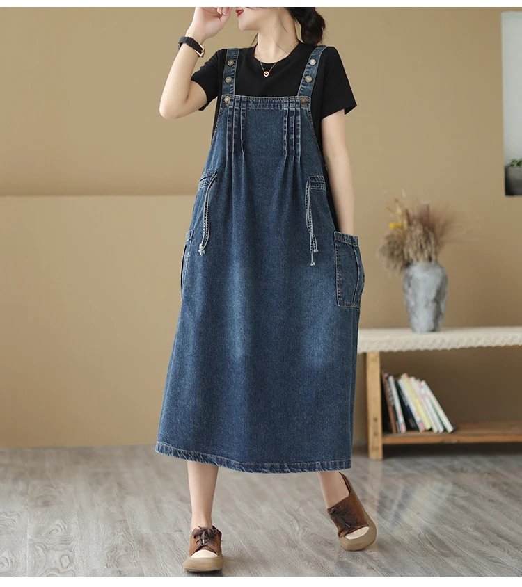 Oversized Women's Dress 2023 Spring/summer Long Dress Vintage Loose Pocket Slim Denim Strap Dress Long Swing Dress