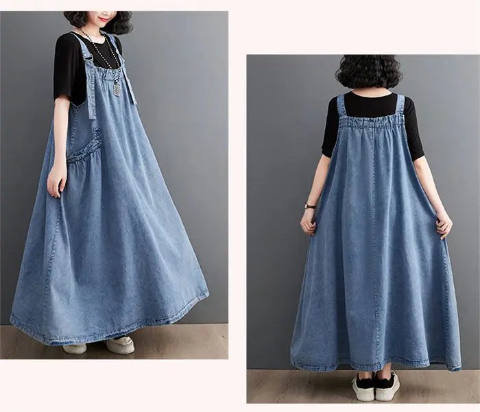 2023 Spring Summer Women Denim Suspender Long Skirt Loose Casual Punk Vintage Style Cargo Female Popular Large Swing Dress Z691