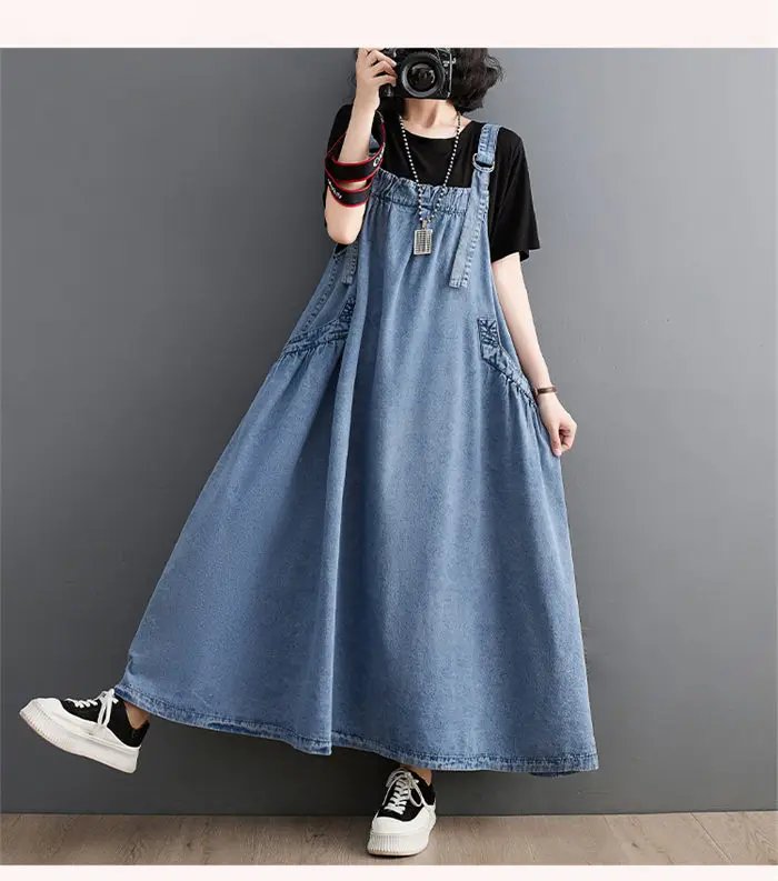 2023 Spring Summer Women Denim Suspender Long Skirt Loose Casual Punk Vintage Style Cargo Female Popular Large Swing Dress Z691