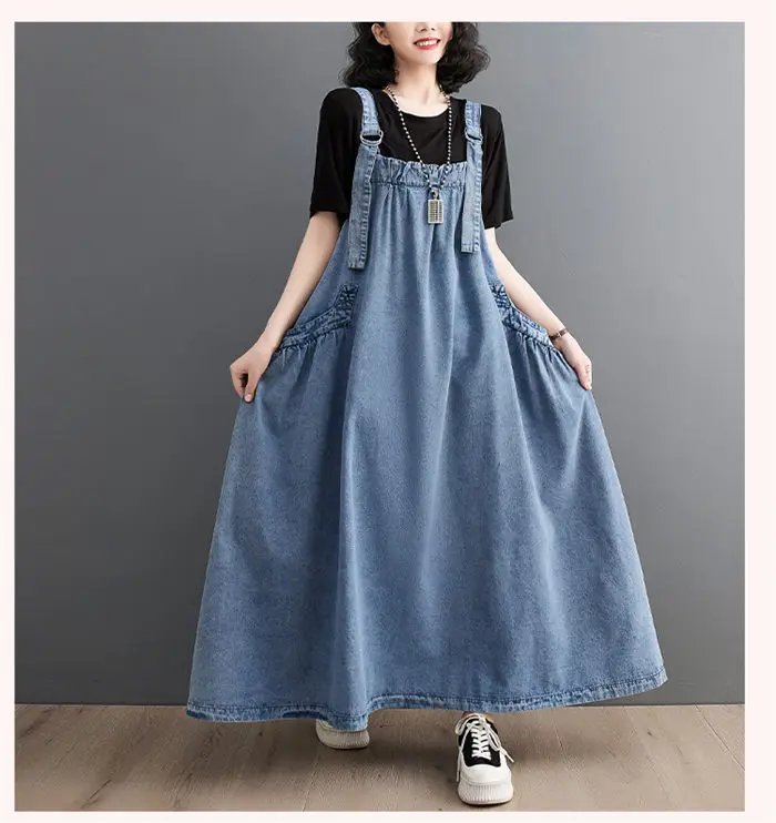 2023 Spring Summer Women Denim Suspender Long Skirt Loose Casual Punk Vintage Style Cargo Female Popular Large Swing Dress Z691
