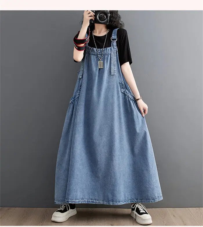 2023 Spring Summer Women Denim Suspender Long Skirt Loose Casual Punk Vintage Style Cargo Female Popular Large Swing Dress Z691