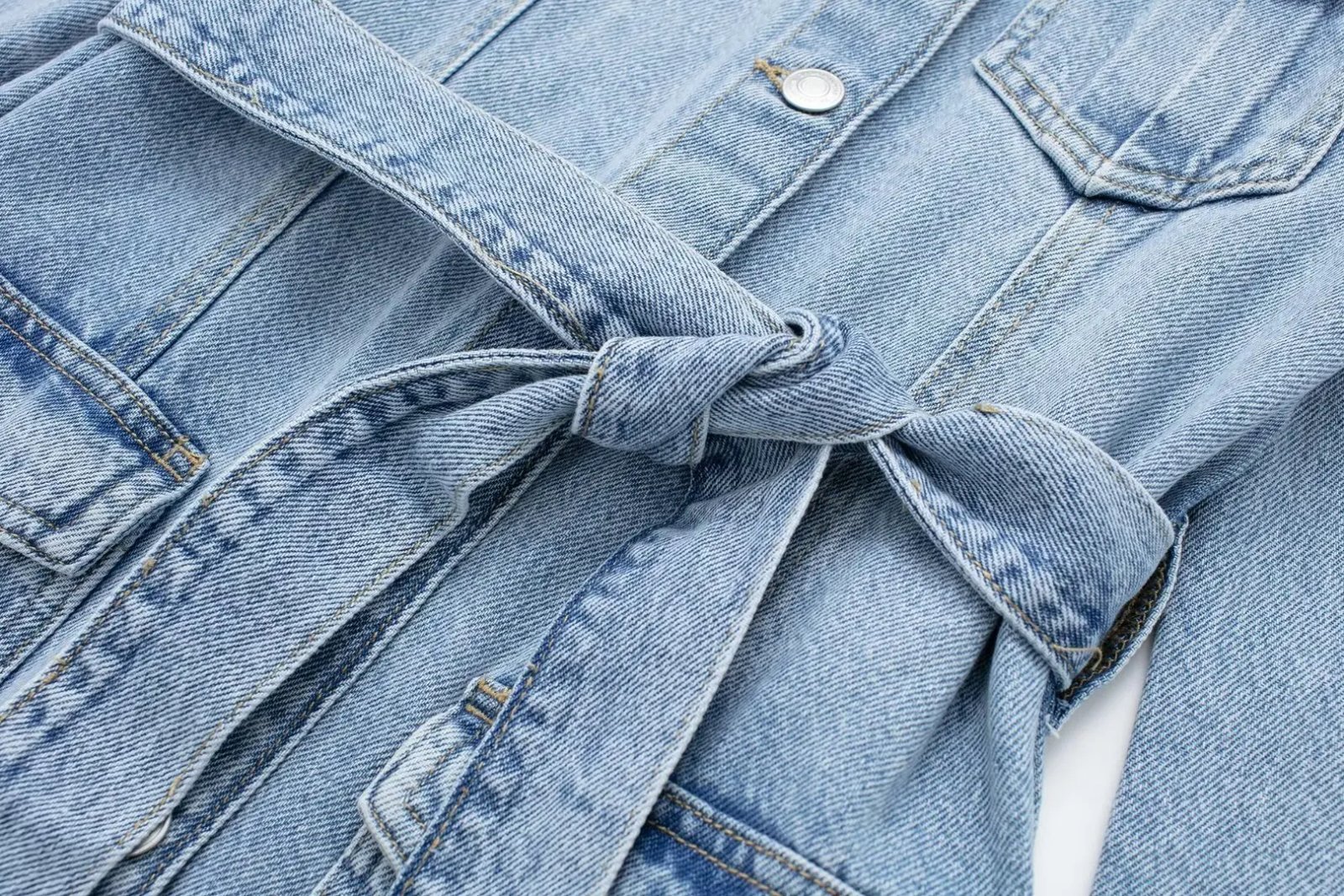 TRAFZA Fashion Female Vintage Lapel Long Sleeve Casual Denim Belt Midi Dress Autumn New Women's Sweet Pocket Solid Dress