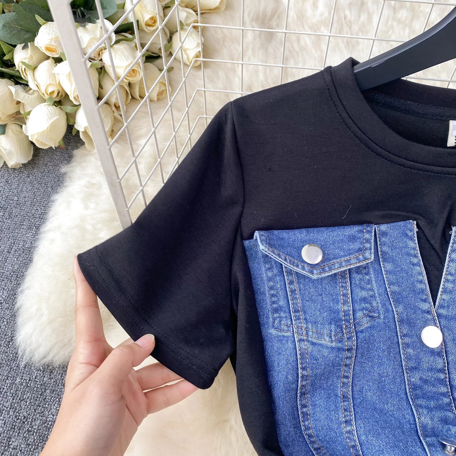 Internet Celebrity New Niche Round Neck Short-sleeved Spliced Denim Dress Women's High-end Waist Fake Two-piece Long Skirt