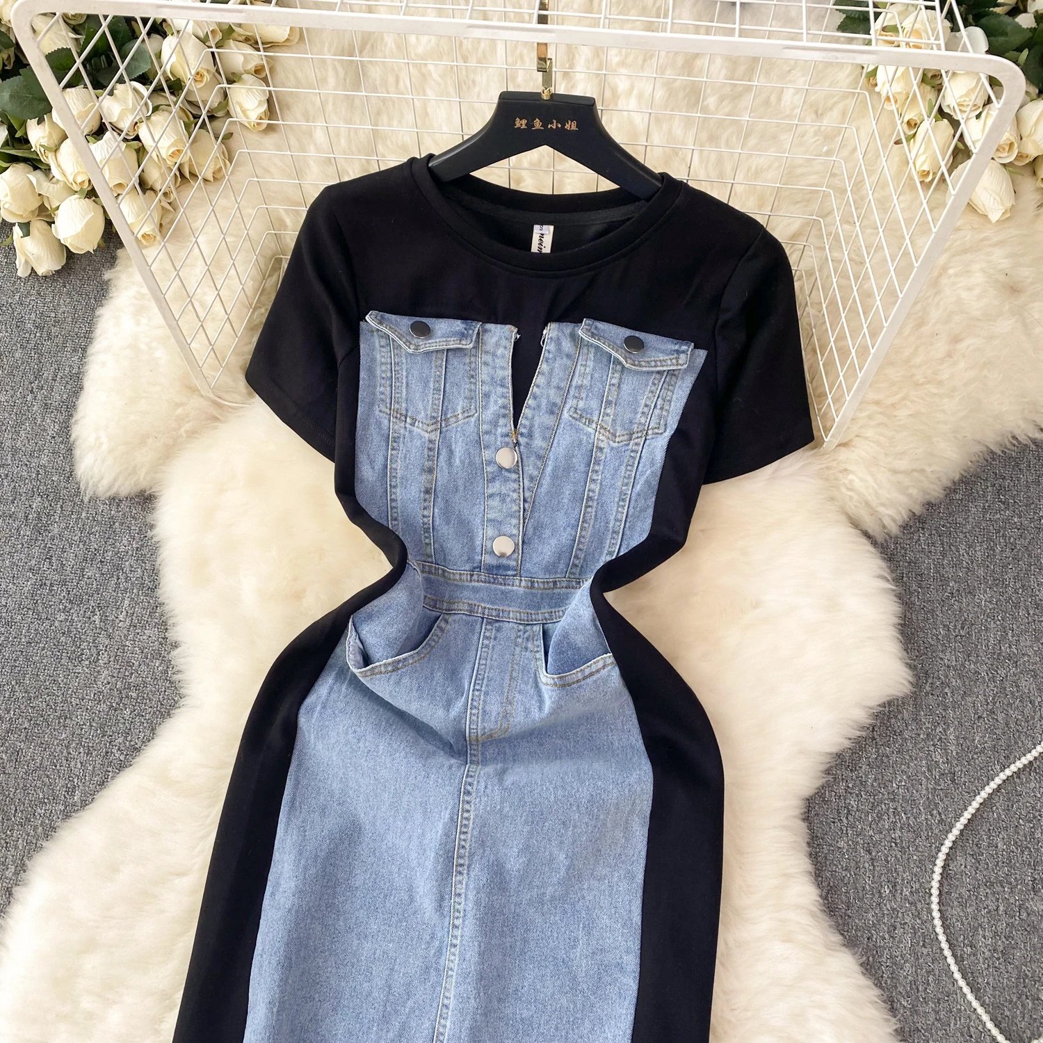 Internet Celebrity New Niche Round Neck Short-sleeved Spliced Denim Dress Women's High-end Waist Fake Two-piece Long Skirt