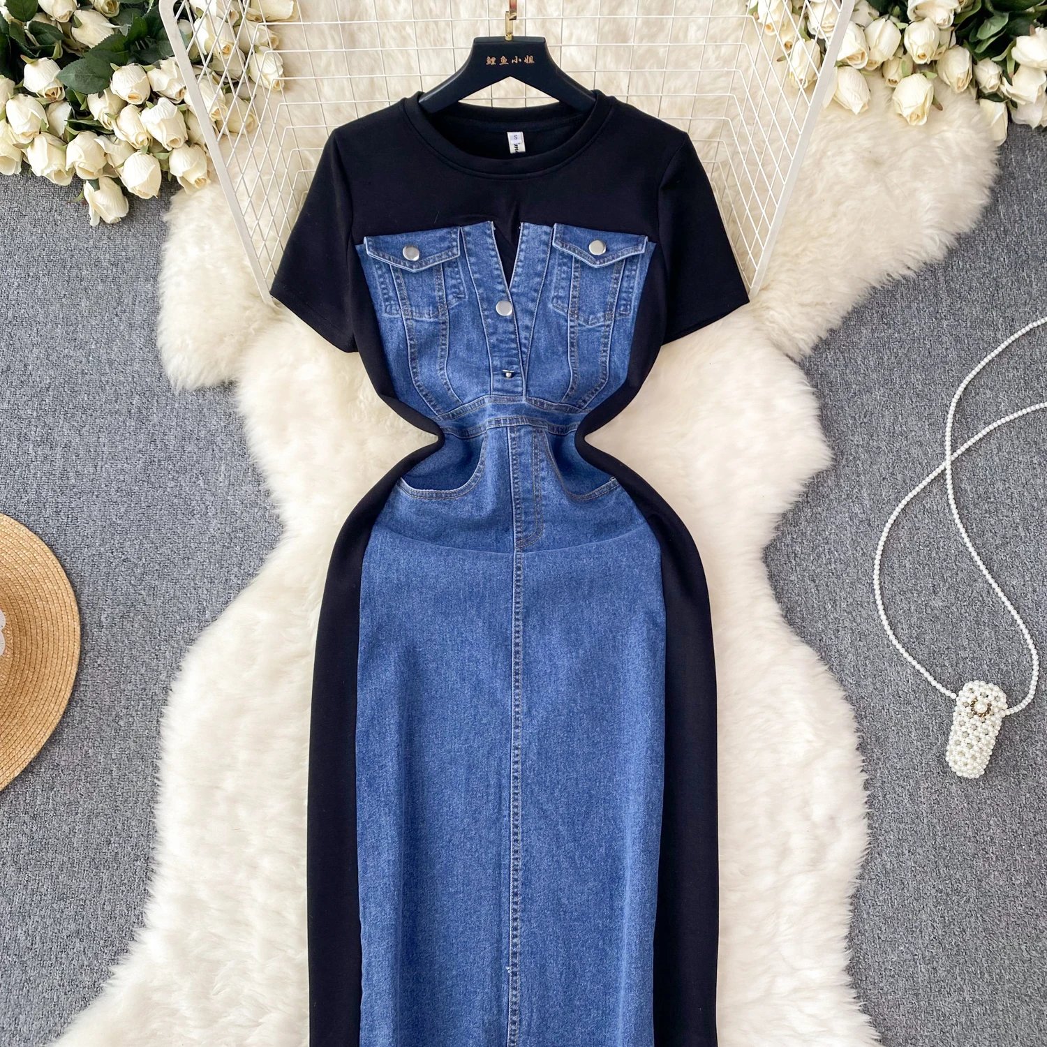Internet Celebrity New Niche Round Neck Short-sleeved Spliced Denim Dress Women's High-end Waist Fake Two-piece Long Skirt