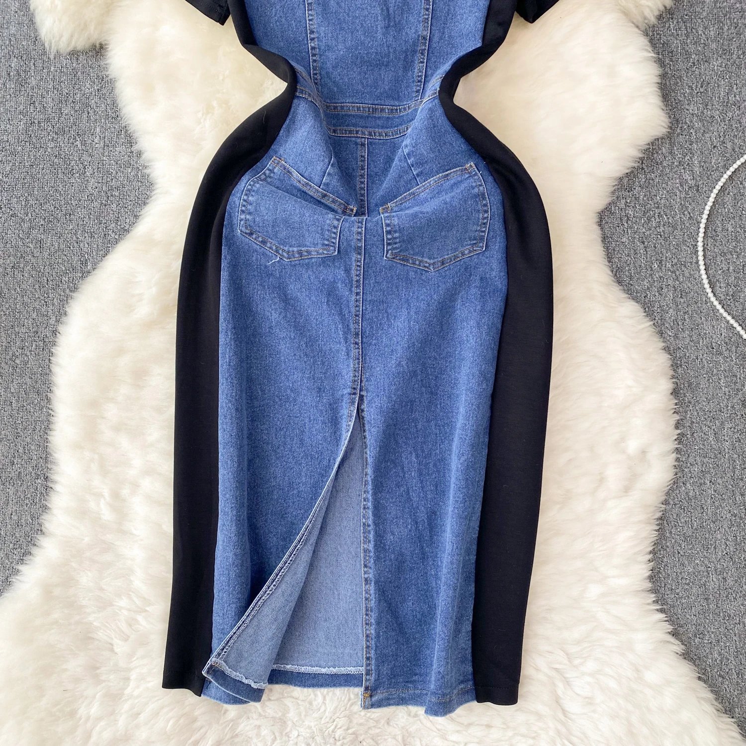 Internet Celebrity New Niche Round Neck Short-sleeved Spliced Denim Dress Women's High-end Waist Fake Two-piece Long Skirt