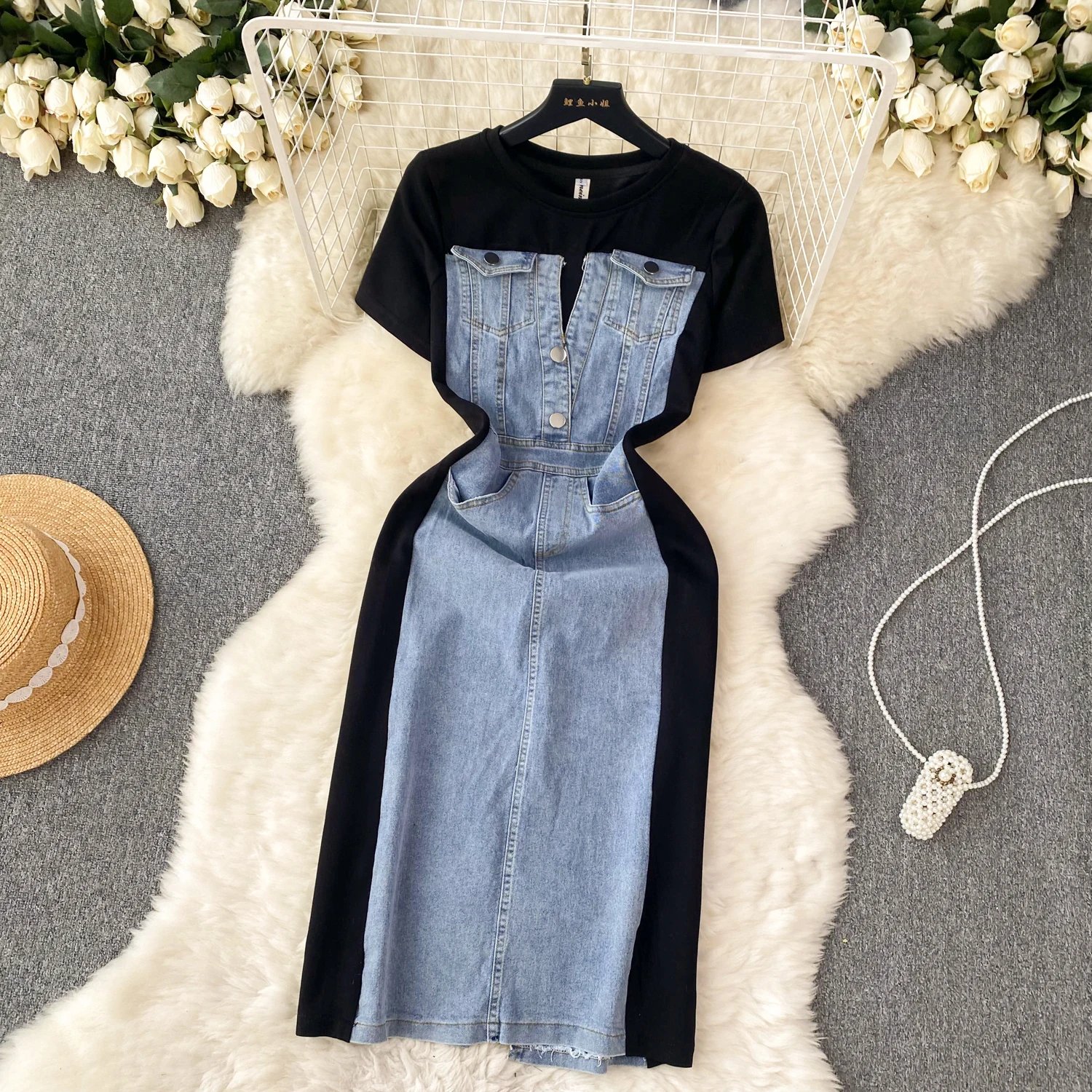 Internet Celebrity New Niche Round Neck Short-sleeved Spliced Denim Dress Women's High-end Waist Fake Two-piece Long Skirt
