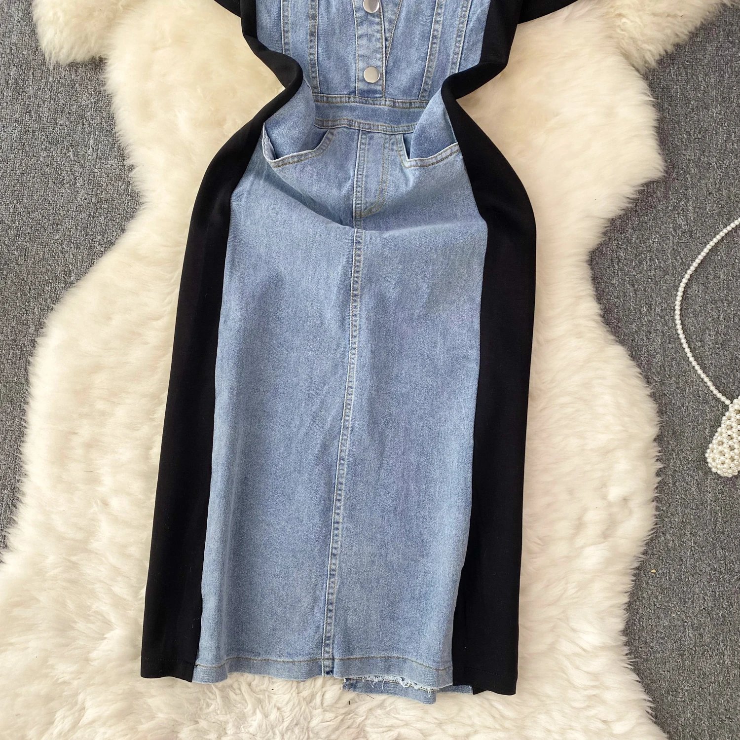 Internet Celebrity New Niche Round Neck Short-sleeved Spliced Denim Dress Women's High-end Waist Fake Two-piece Long Skirt