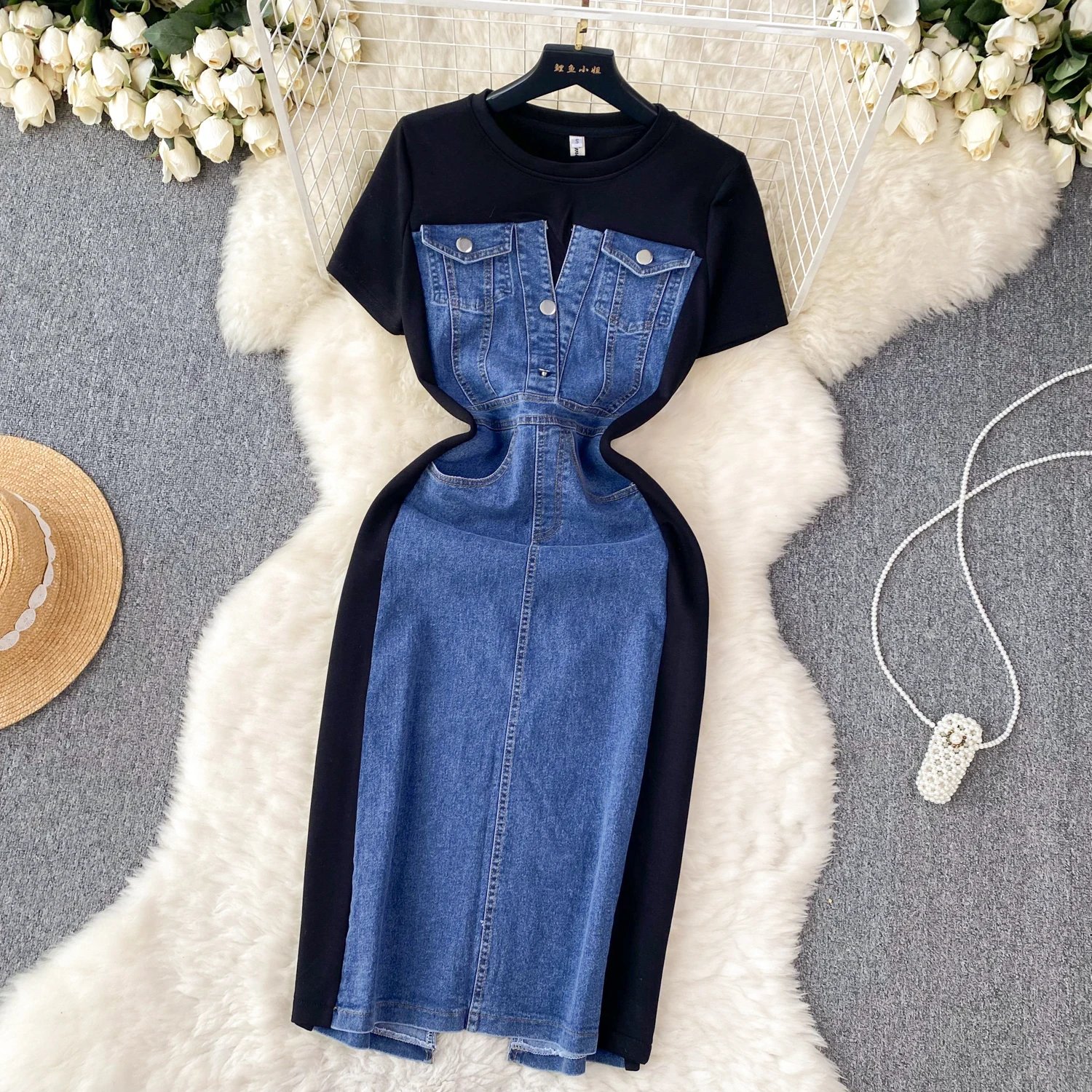 Internet Celebrity New Niche Round Neck Short-sleeved Spliced Denim Dress Women's High-end Waist Fake Two-piece Long Skirt