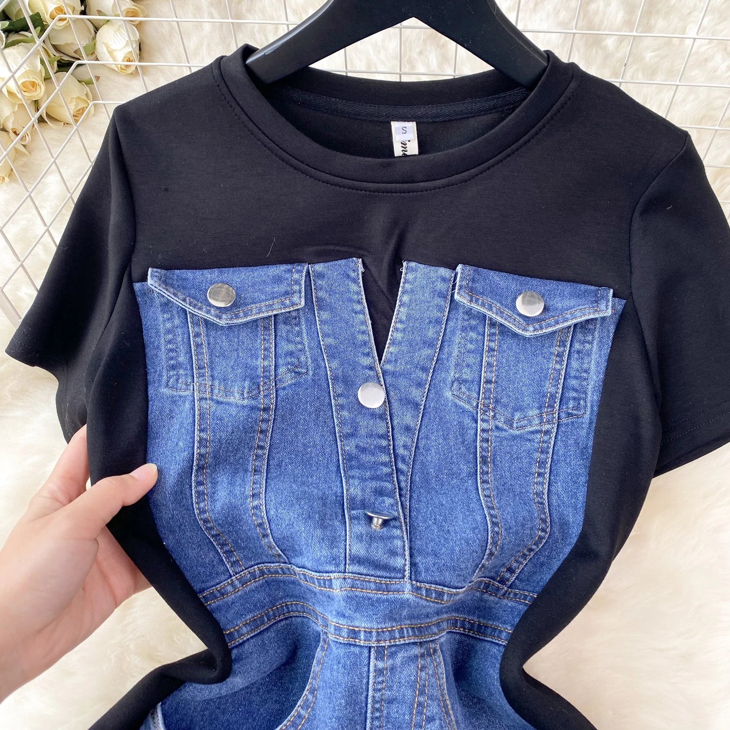 Internet Celebrity New Niche Round Neck Short-sleeved Spliced Denim Dress Women's High-end Waist Fake Two-piece Long Skirt