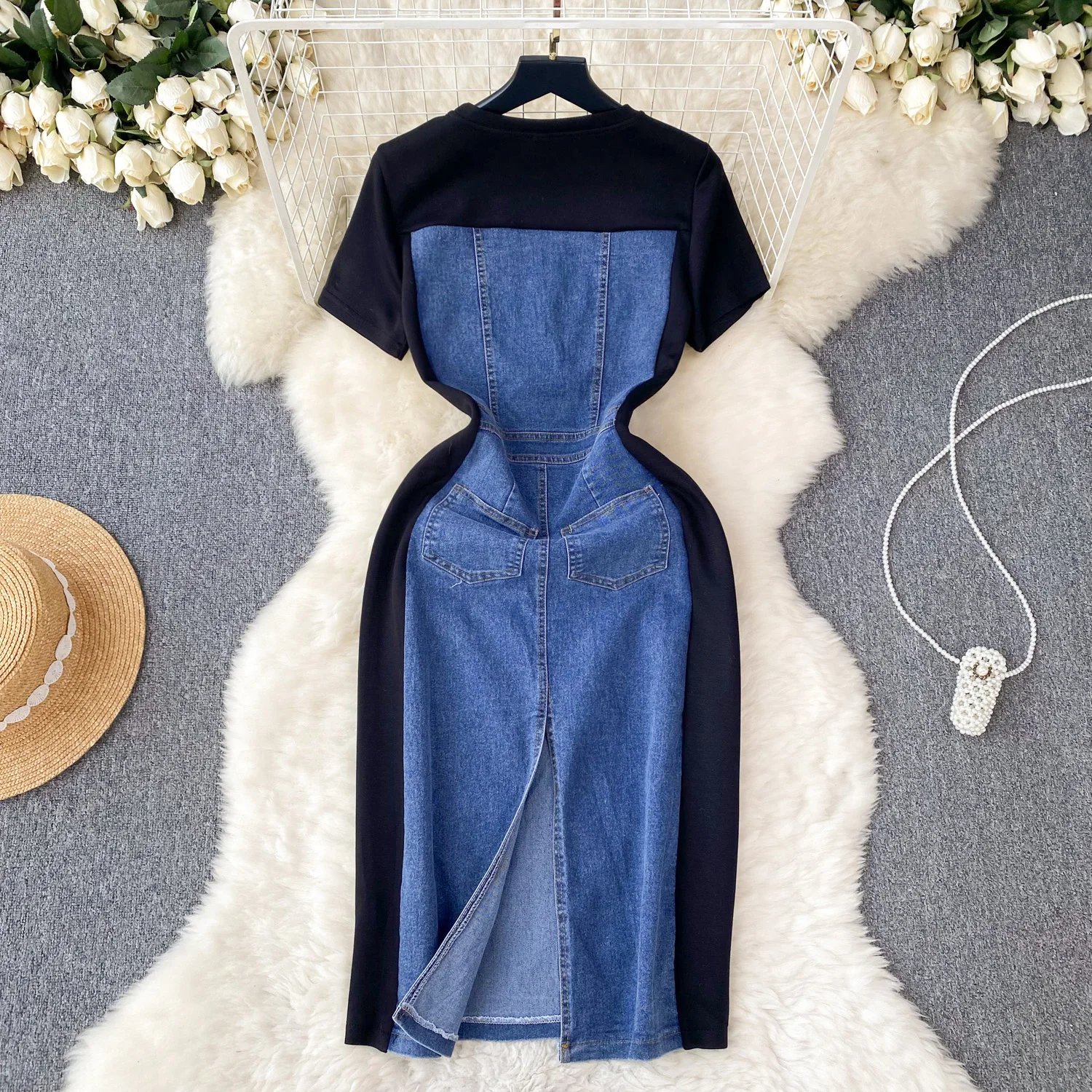 Internet Celebrity New Niche Round Neck Short-sleeved Spliced Denim Dress Women's High-end Waist Fake Two-piece Long Skirt