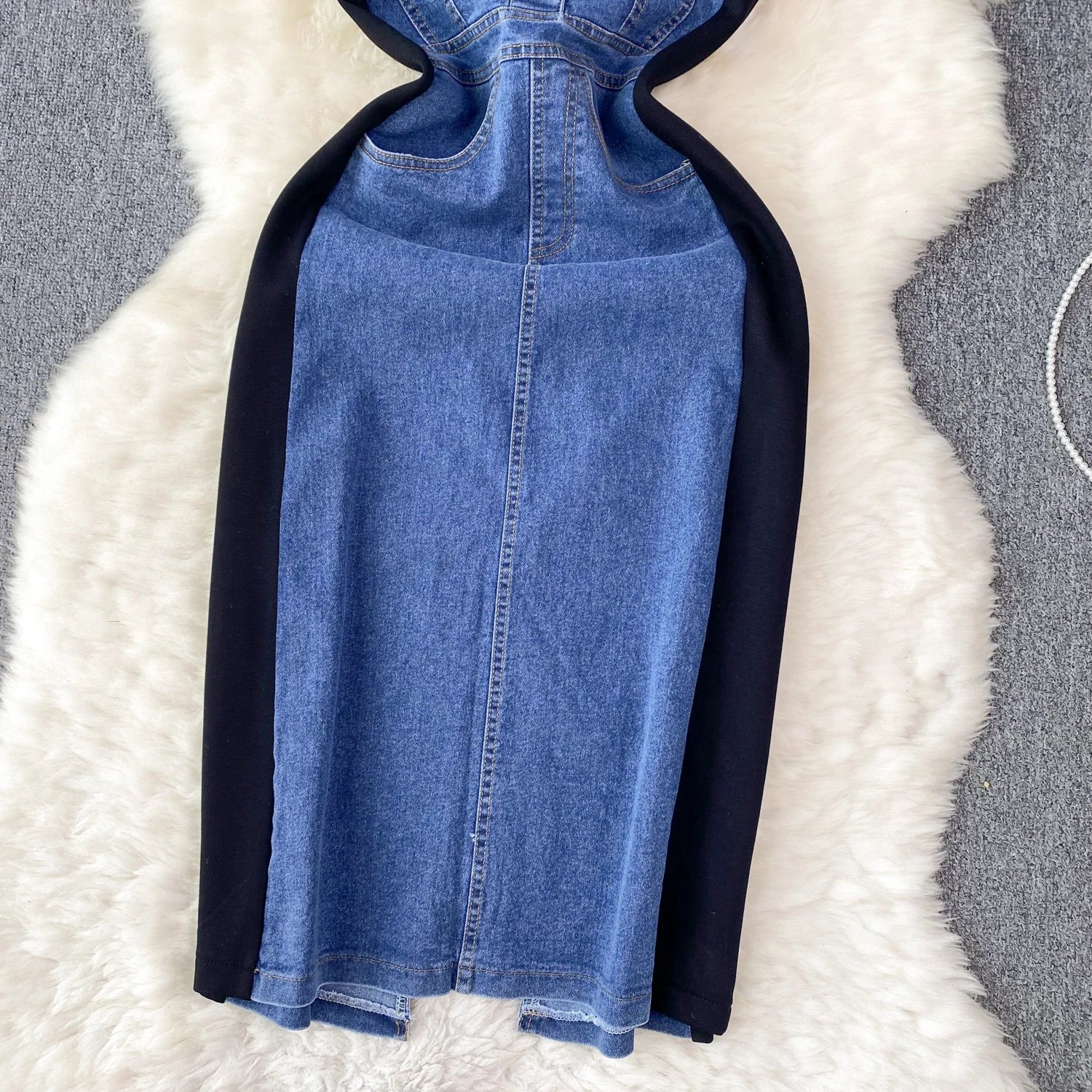 Internet Celebrity New Niche Round Neck Short-sleeved Spliced Denim Dress Women's High-end Waist Fake Two-piece Long Skirt