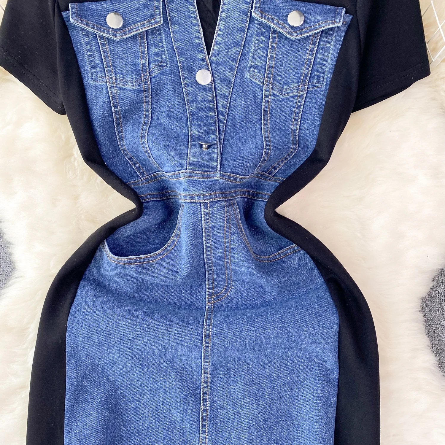 Internet Celebrity New Niche Round Neck Short-sleeved Spliced Denim Dress Women's High-end Waist Fake Two-piece Long Skirt