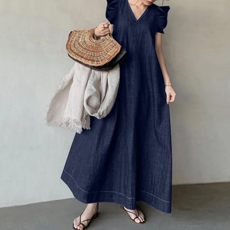 Vintage Blue Denim Dress Women Summer Sleeveless V Neck Long Dresses Female Oversized Loose Casual Simple Vacation Maxi Dress