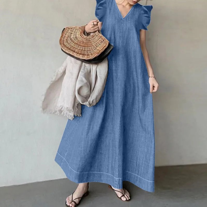 Vintage Blue Denim Dress Women Summer Sleeveless V Neck Long Dresses Female Oversized Loose Casual Simple Vacation Maxi Dress
