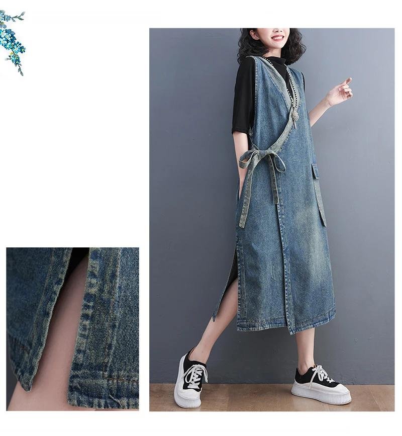 Oversized Summer Fashion Vintage Loose Sleeveless Denim Dress Korea New Ladies Casual Big Size Lace Up Blue Denim Vest Dress