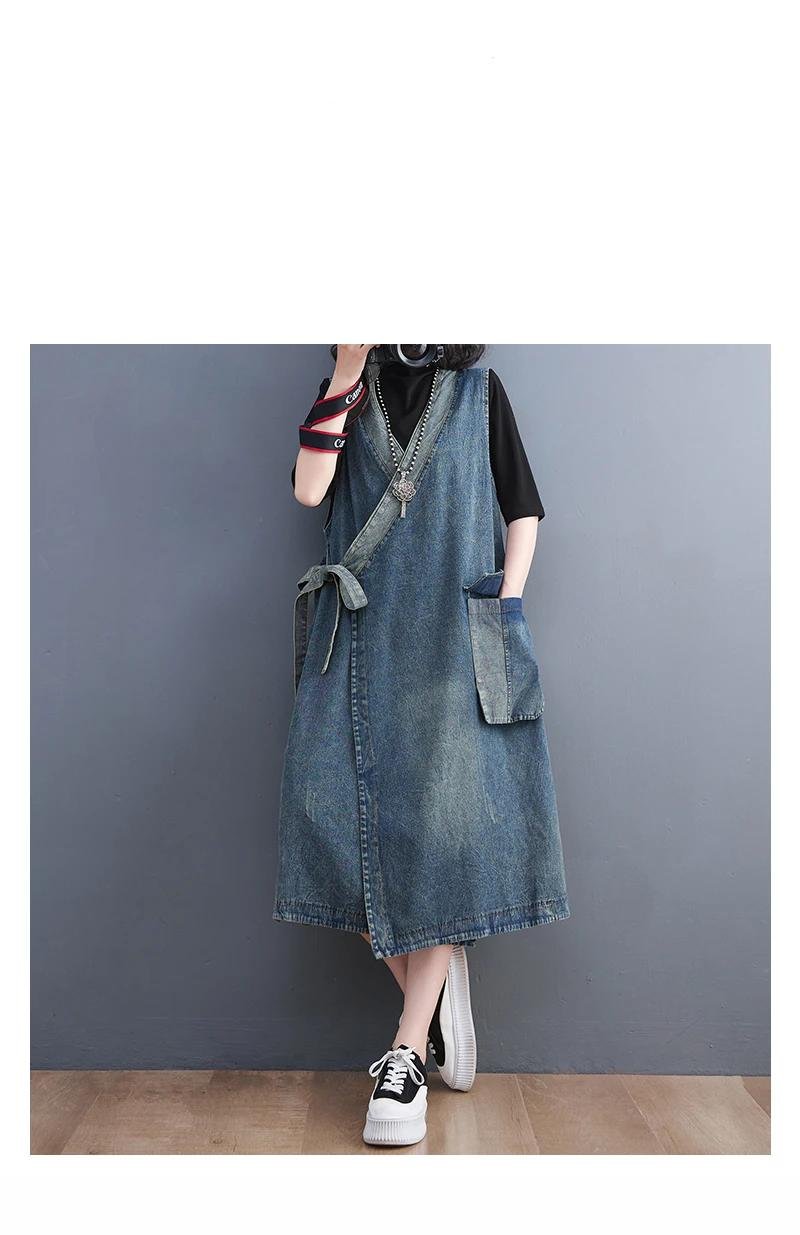 Oversized Summer Fashion Vintage Loose Sleeveless Denim Dress Korea New Ladies Casual Big Size Lace Up Blue Denim Vest Dress