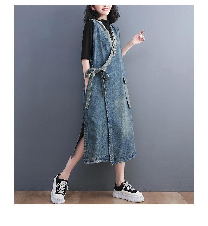 Oversized Summer Fashion Vintage Loose Sleeveless Denim Dress Korea New Ladies Casual Big Size Lace Up Blue Denim Vest Dress