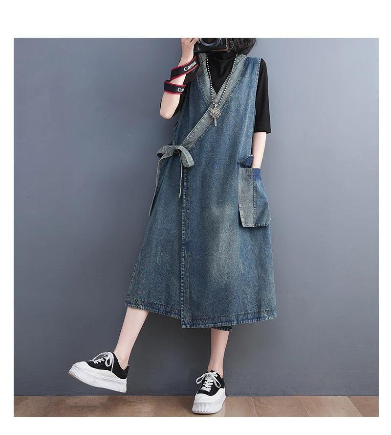 Oversized Summer Fashion Vintage Loose Sleeveless Denim Dress Korea New Ladies Casual Big Size Lace Up Blue Denim Vest Dress