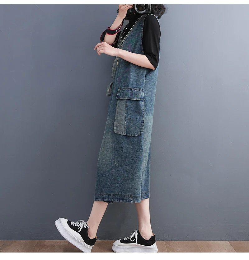 Oversized Summer Fashion Vintage Loose Sleeveless Denim Dress Korea New Ladies Casual Big Size Lace Up Blue Denim Vest Dress