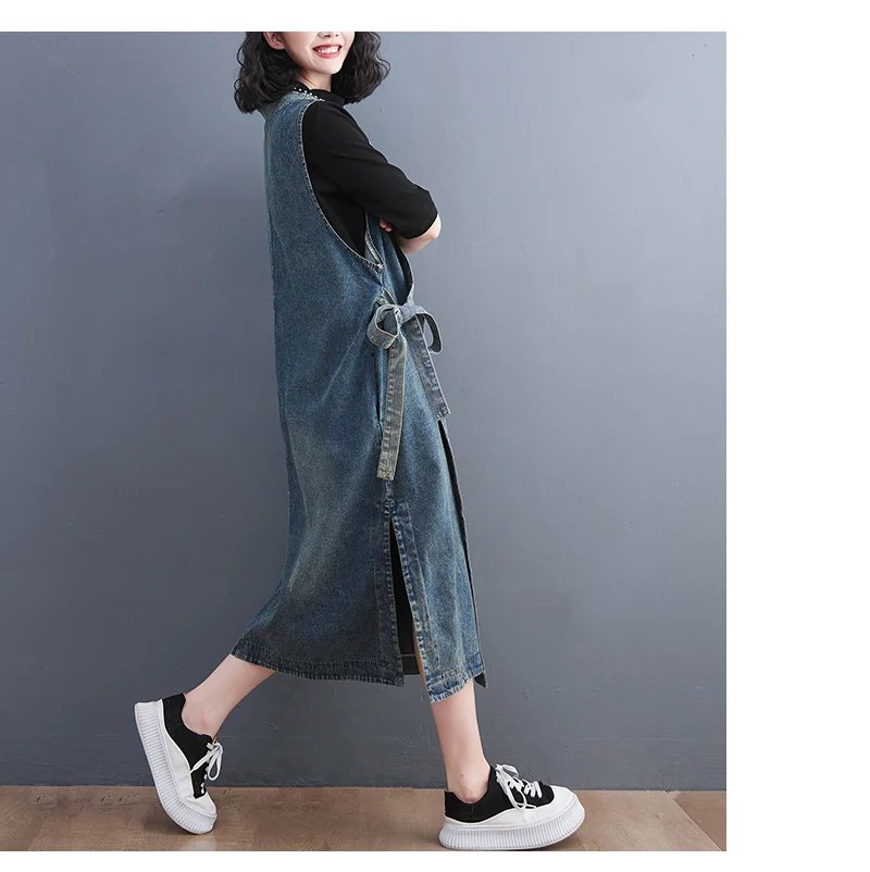 Oversized Summer Fashion Vintage Loose Sleeveless Denim Dress Korea New Ladies Casual Big Size Lace Up Blue Denim Vest Dress