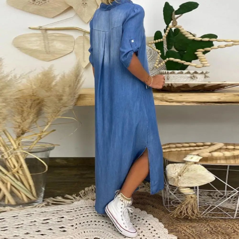 Women Plus size dress Vintage Summer V Neck Half Sleeve Side Slitting Hem Loose Long Denim Dress Hem Loose Long Denim Dress