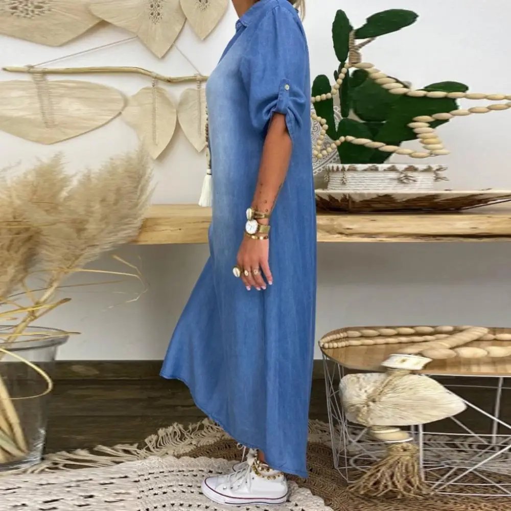 Women Plus size dress Vintage Summer V Neck Half Sleeve Side Slitting Hem Loose Long Denim Dress Hem Loose Long Denim Dress