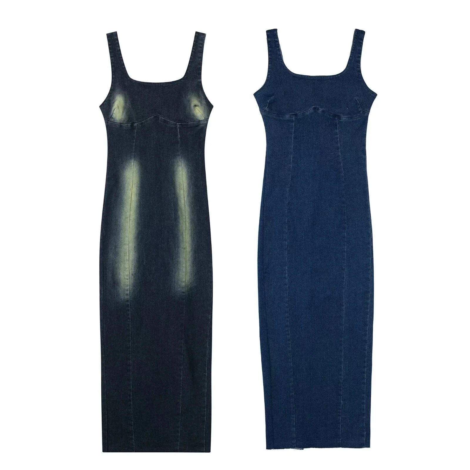 TRAFZA Summer Women's Retro Denim Dress Fashion Square Collar Sleeveless Open Back Zipper Slim Female Slit Mid-length Dress