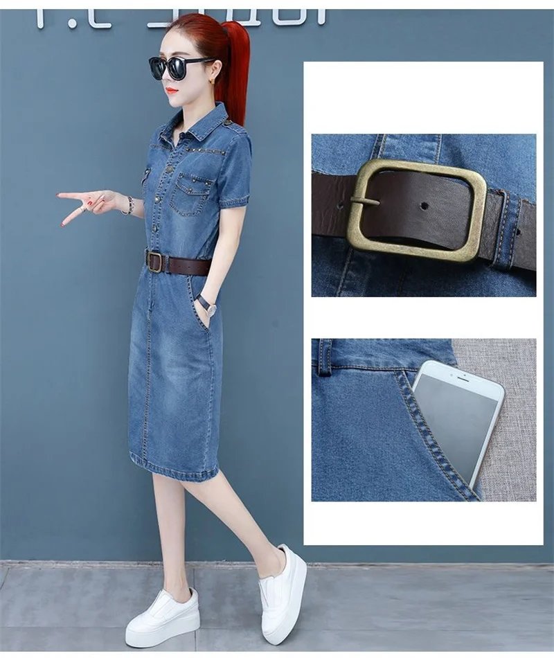 Fashion Women Summer Dress Denim Dress Vintage Casual Short Sleeve Jean Shirt Dress Women Wlothing Elegant Ladies Cowboy Dress