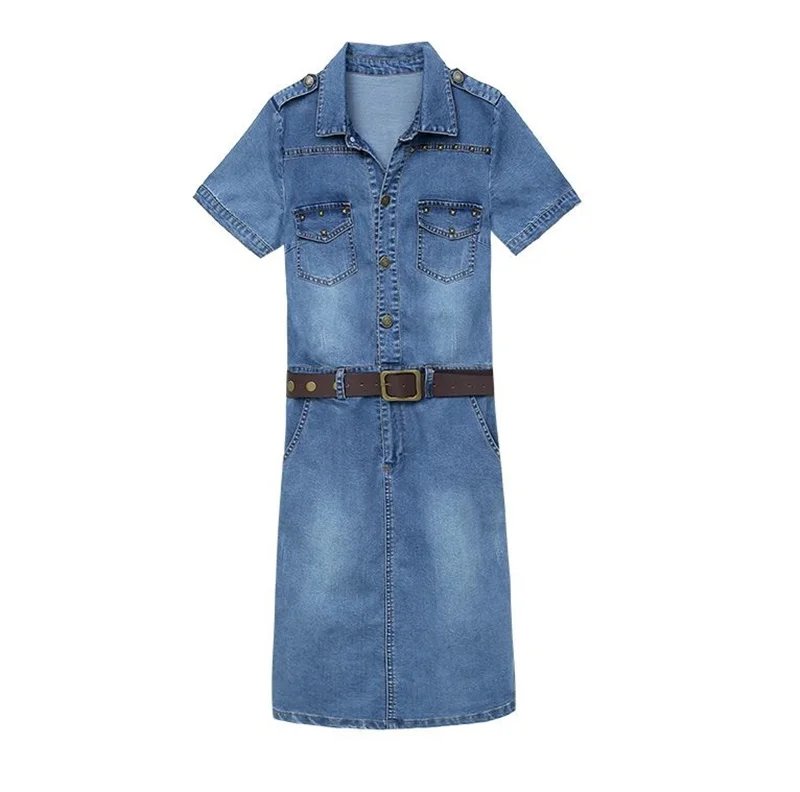 Fashion Women Summer Dress Denim Dress Vintage Casual Short Sleeve Jean Shirt Dress Women Wlothing Elegant Ladies Cowboy Dress