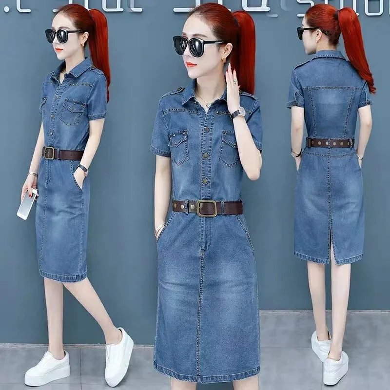 Fashion Women Summer Dress Denim Dress Vintage Casual Short Sleeve Jean Shirt Dress Women Wlothing Elegant Ladies Cowboy Dress