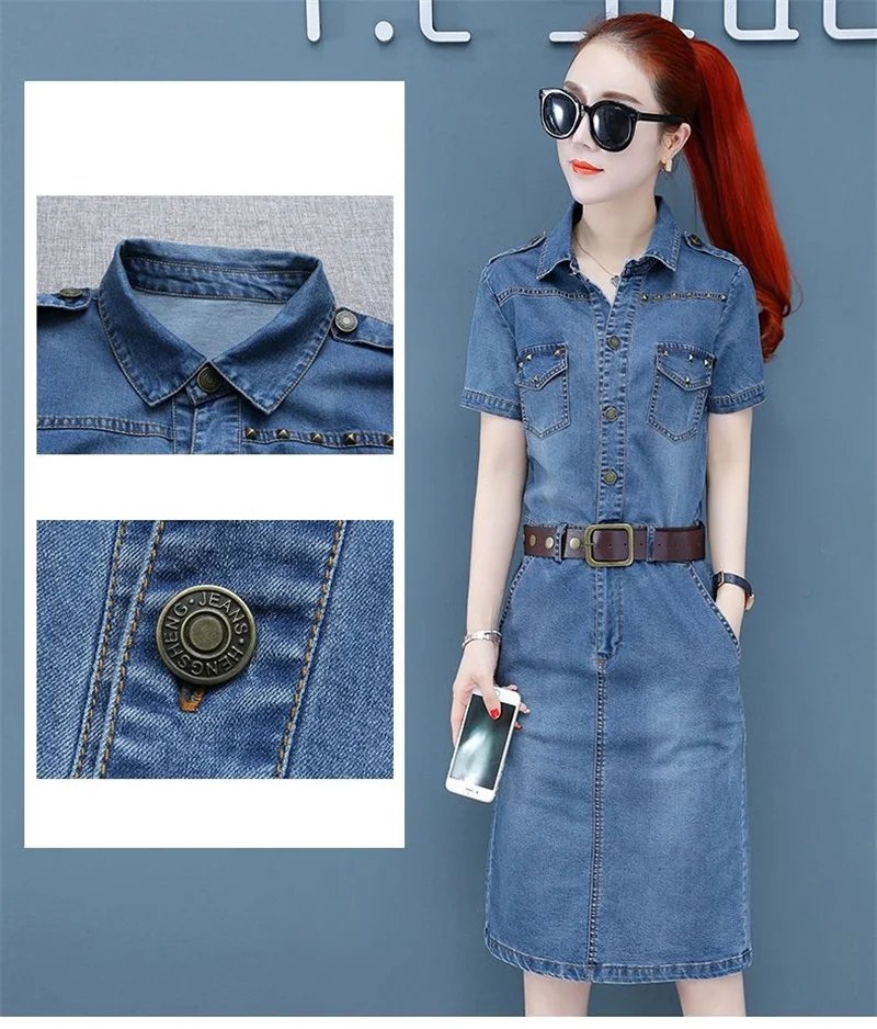 Fashion Women Summer Dress Denim Dress Vintage Casual Short Sleeve Jean Shirt Dress Women Wlothing Elegant Ladies Cowboy Dress