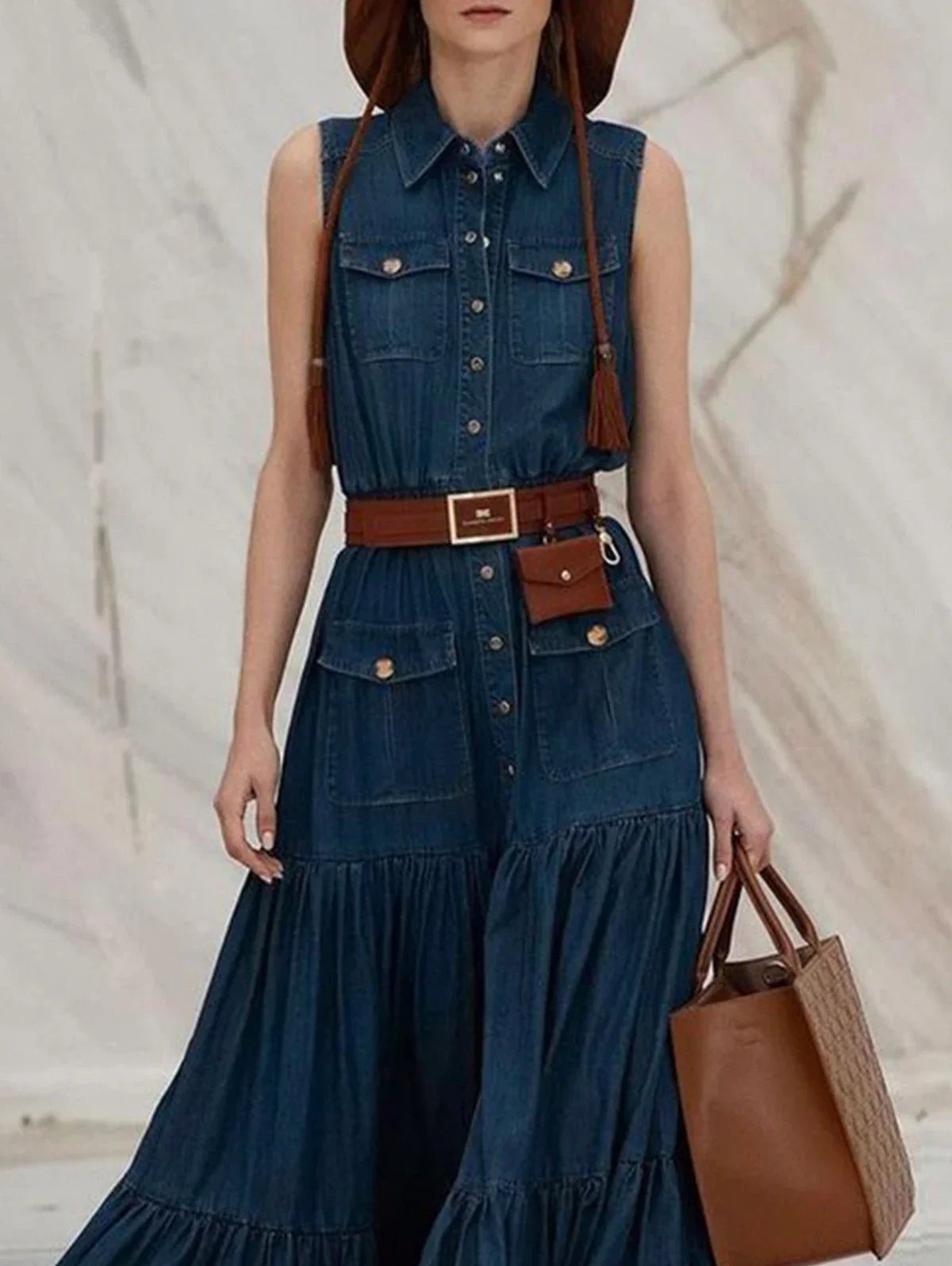 Women Fashion Demin Tank Dress Turn Down Coallr Vintage Pleated A-Line Summer Casual Retro High Street Pockets Dresses 2024