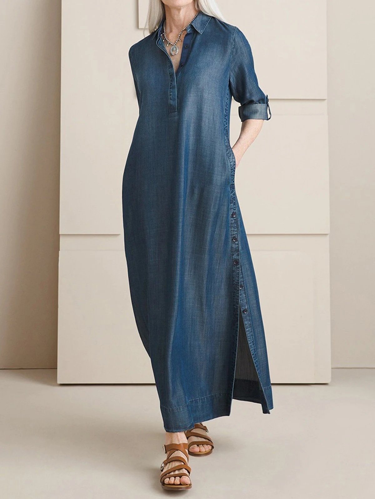 Long Dress Women Casual Plain Lapel Collar Roll Tab Sleeve Slit Maxi Shift Dress Loose Pocket Maxi Dress Party Maxi Dresses