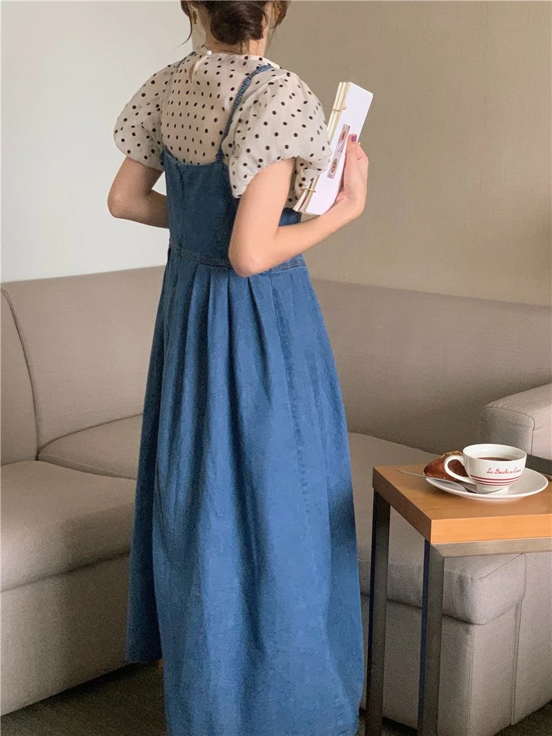 DR9602 2023 New Dress With A Halter Top High Waist Vintage Korean Style Women Spring Summer Demin Straps Sleeveless Long Dress