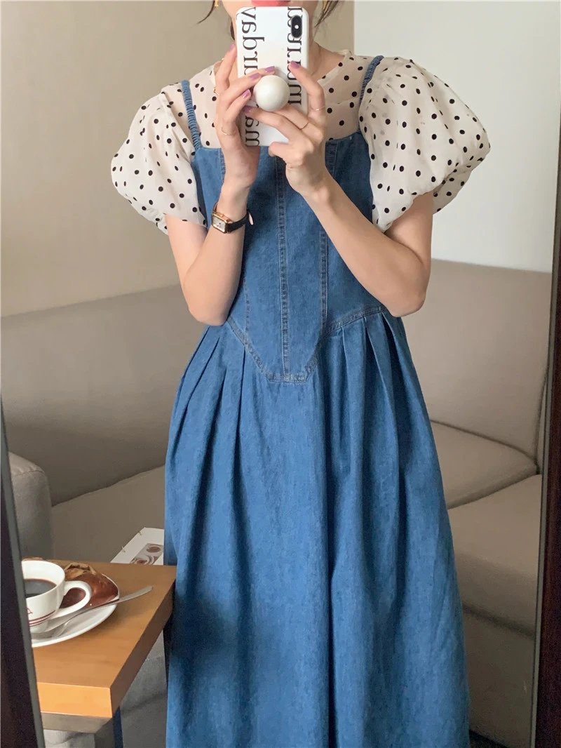 DR9602 2023 New Dress With A Halter Top High Waist Vintage Korean Style Women Spring Summer Demin Straps Sleeveless Long Dress