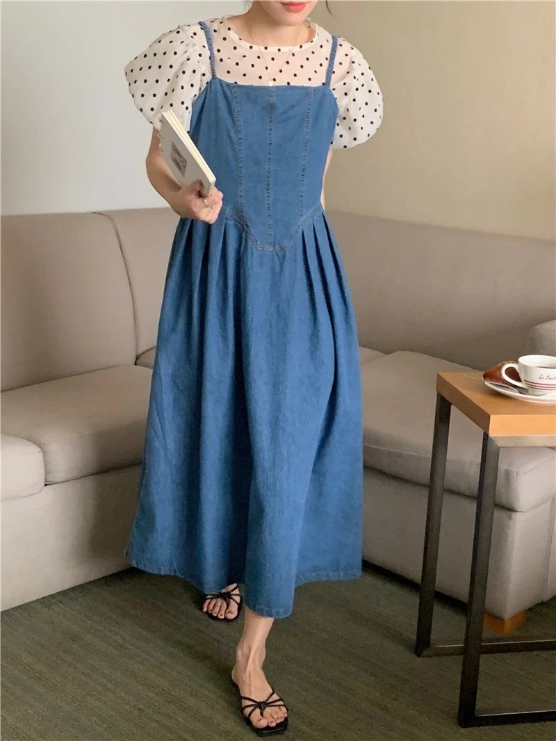 DR9602 2023 New Dress With A Halter Top High Waist Vintage Korean Style Women Spring Summer Demin Straps Sleeveless Long Dress