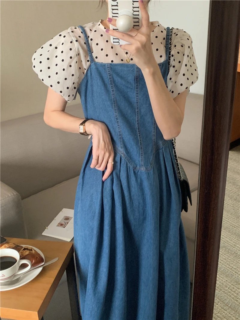 DR9602 2023 New Dress With A Halter Top High Waist Vintage Korean Style Women Spring Summer Demin Straps Sleeveless Long Dress