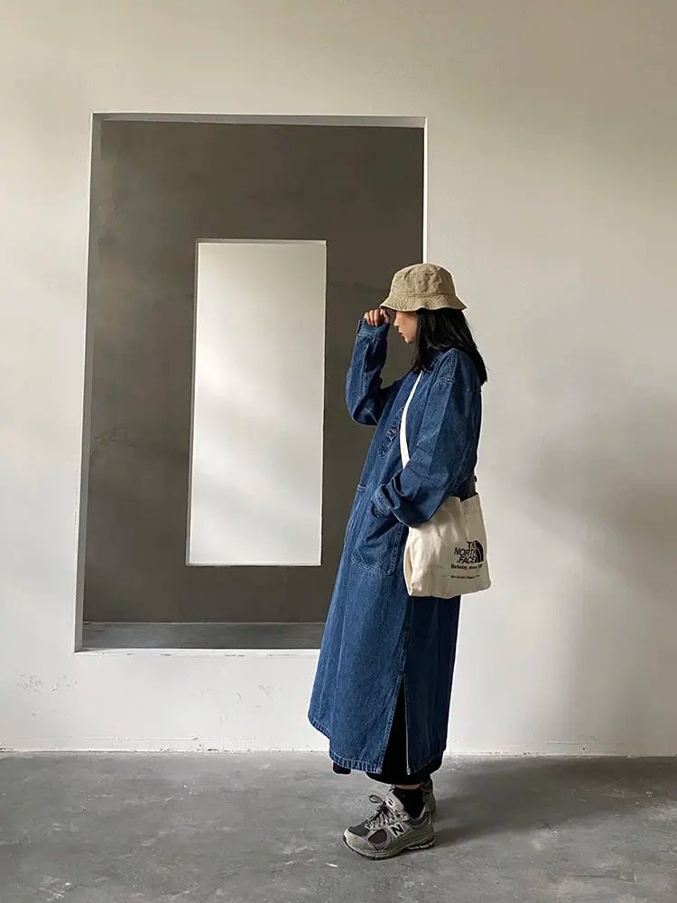 Oversized Vintage Denim Dress Female Retro Japanese Loose Stand Collar Long Sleeves Big Pocket Long Dress 2022 New Spring